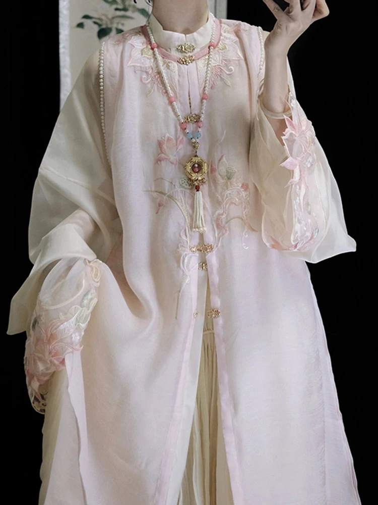 Ming Dynasty Hanfu Round Neck Cardigan Chinese Pleated Skirt Improved Summer Slim Fitting Daily Hanfu Set