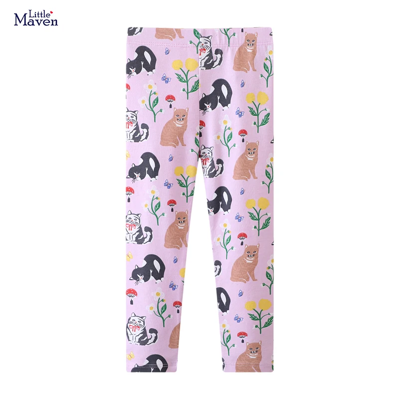 Kleine Maven Baby Meisjes 2024 Herfst Lente Paarse Broek Cartoon Bloemen Katten Leggings Katoenen Broek Peuter Kinderkleding