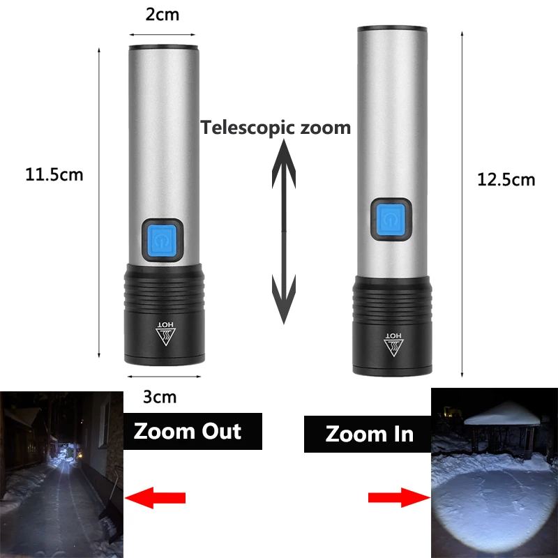 USB Rechargeable LED Flashlight With T6 LED Built-in 1200mAh lithium battery Waterproof camping light Zoomable Torch