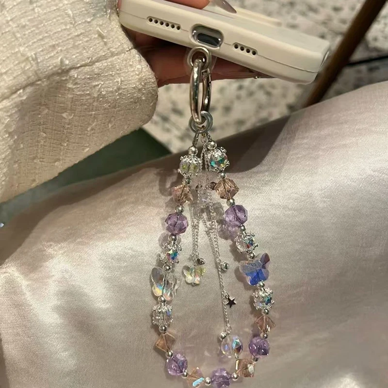 Purple Crystal Flashing Phone Chain for Women, New Design Beaded Wristlet Cord, Unique Phone Case Accessories