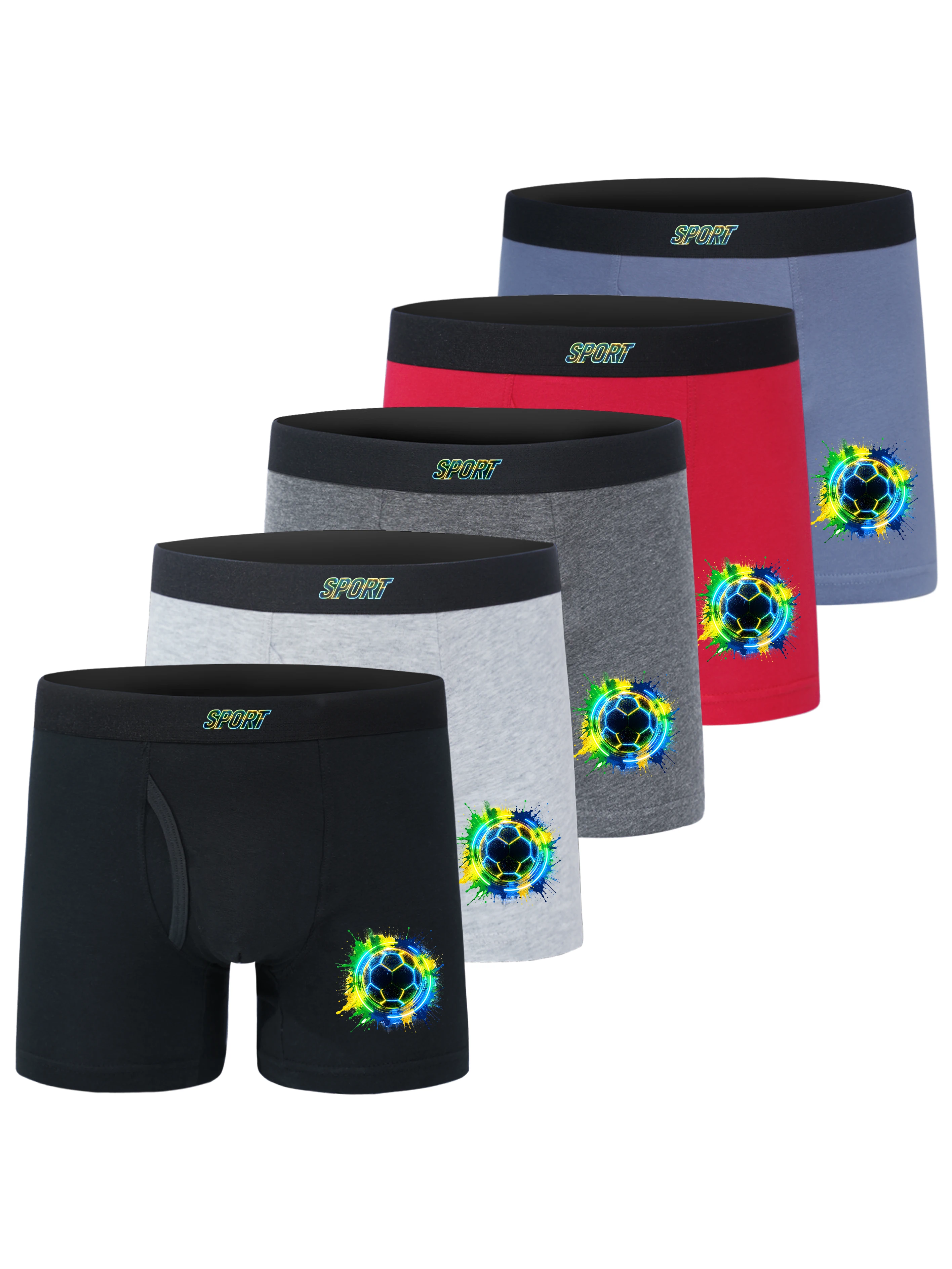 Boys 5 Pack Summer Boxer Briefs Children's Panties Neon Letter Explosion Soccer Ball Design Cotton Teen Sports Underpants