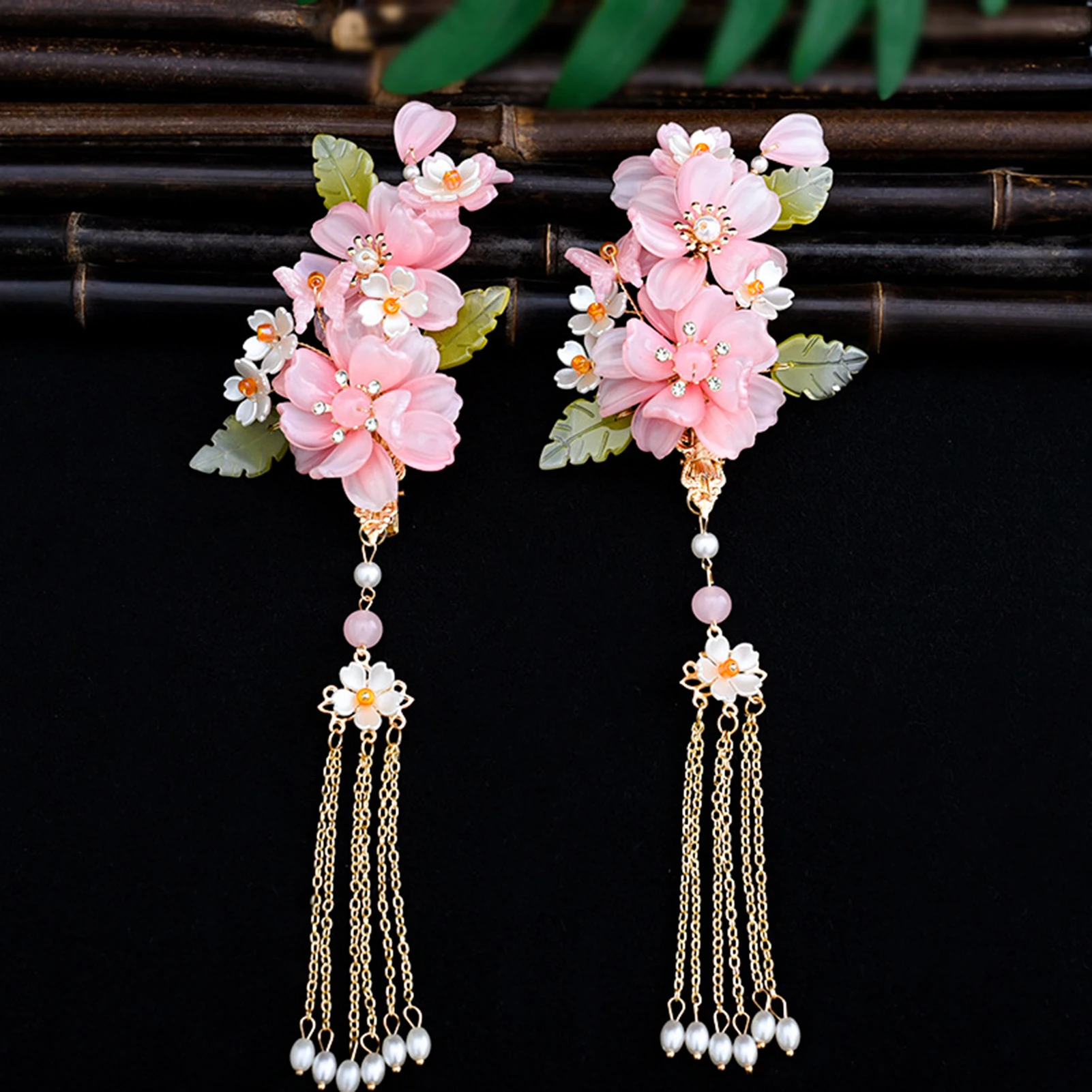 2pcs Chinese Hanfu Hair Accessories Hair Clips Red Flower Hairpin Tassel Pearl Headpiece Ancient Party Barrettes Head Jewelry