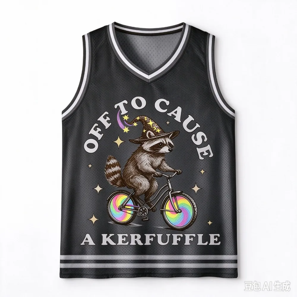 Fun Wizard Raccoon Riding Rainbow Bicycle 3D Printed Men's V-neck Vest, A Trendy Fashion Outdoor Casual Breath Quick-dry Y2K Top