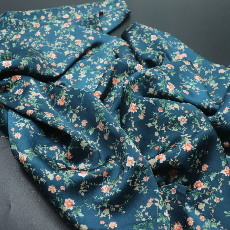 145x50cm Soft Non-See-Through Classical Blue Flower Branch Satin Fabric Cheongsam Dress Clothing Large Scrunchie Sewing Cloth