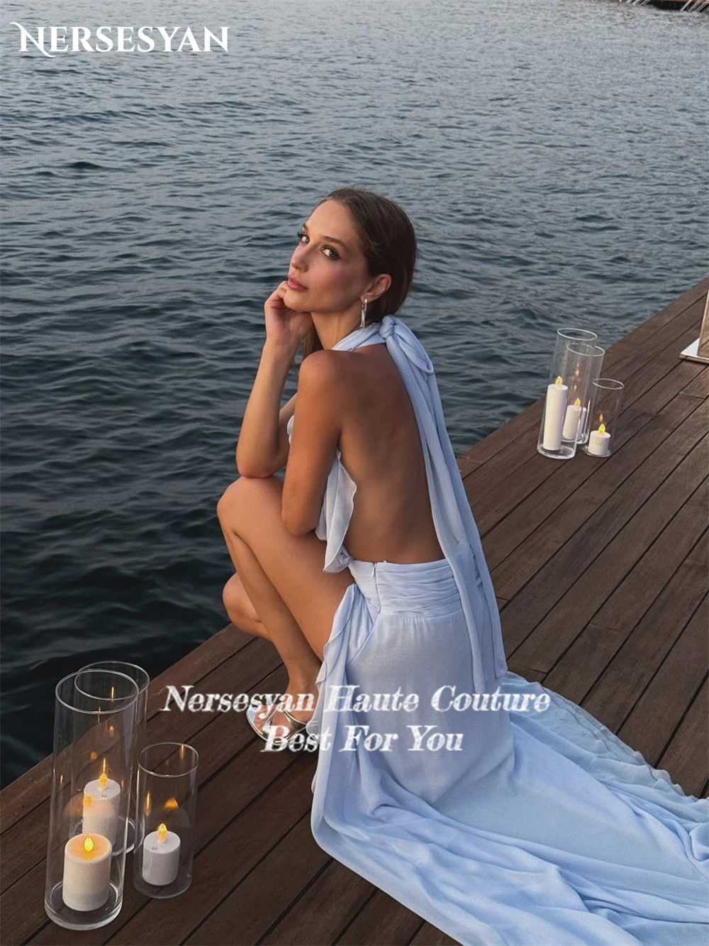 Nersesyan bleu ciel en mousseline de soie Sexy robes de bal licou côté fente volants robe de soirée formelle dos nu robes de soirée 2025 personnalisé