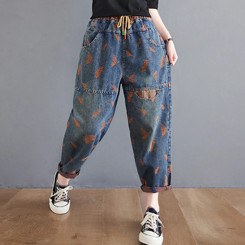 جينز عتيق مطرز بالريش بأرجل واسعة مقاس كبير سروال هارلان بخصر مطاطي للنساء بفخذ كبير تسع نقاط