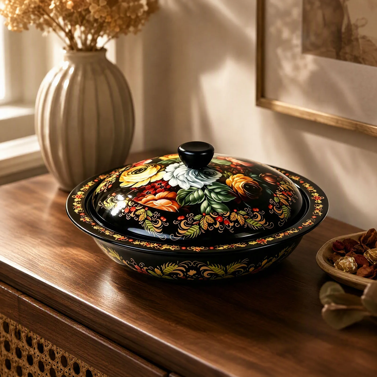 Ethnic Floral Tinplate Serving Tray with Metal Lid Round Lacquered Basin for Home Decor Wedding Celebration