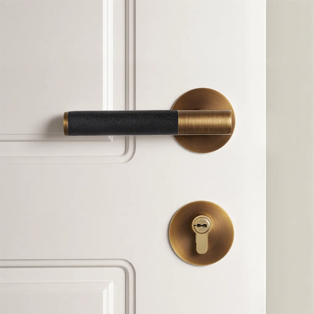DOOROOM Solid Brass Door Lock Set Black Alligator-Pattern Leather Bedroom Door Lock Bathroom Privacy Lock Dummy Lock