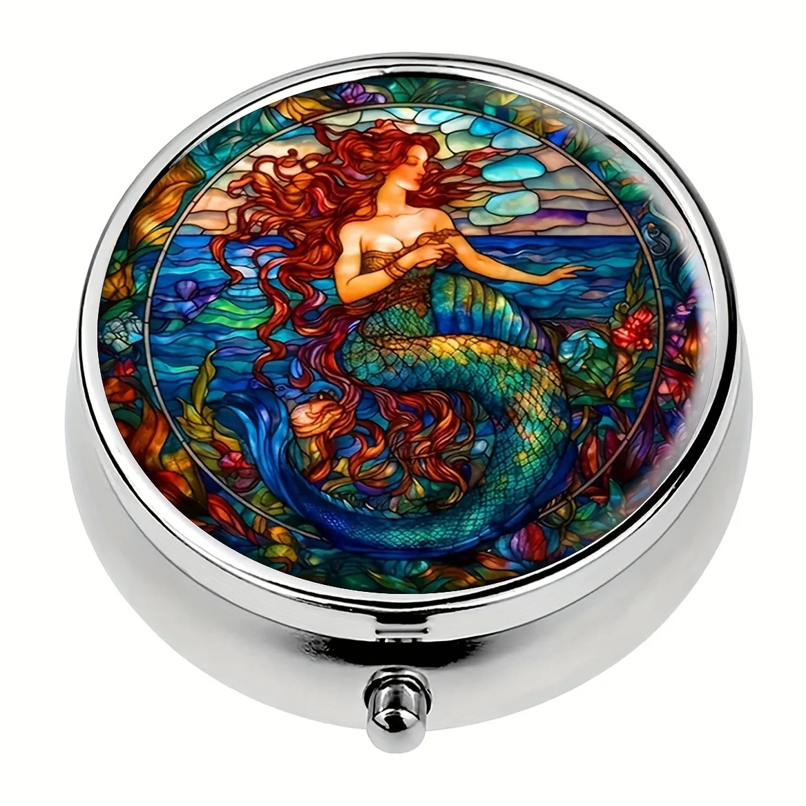 A Beautiful Mermaid Round Medicine Box, Household Portable Medicine Storage Box, 3-Compartment Packing Medicine Box
