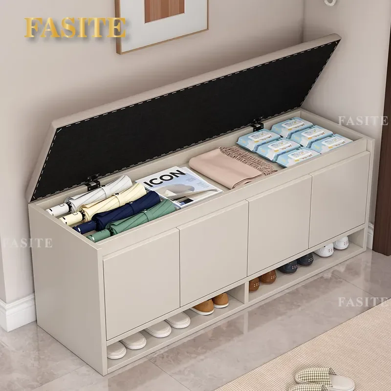 For Home Solid Wood Shoe Change Stool Light Luxury Soft Cushioned Entryway Bench Integrated Shoe Storage Small Door Seat