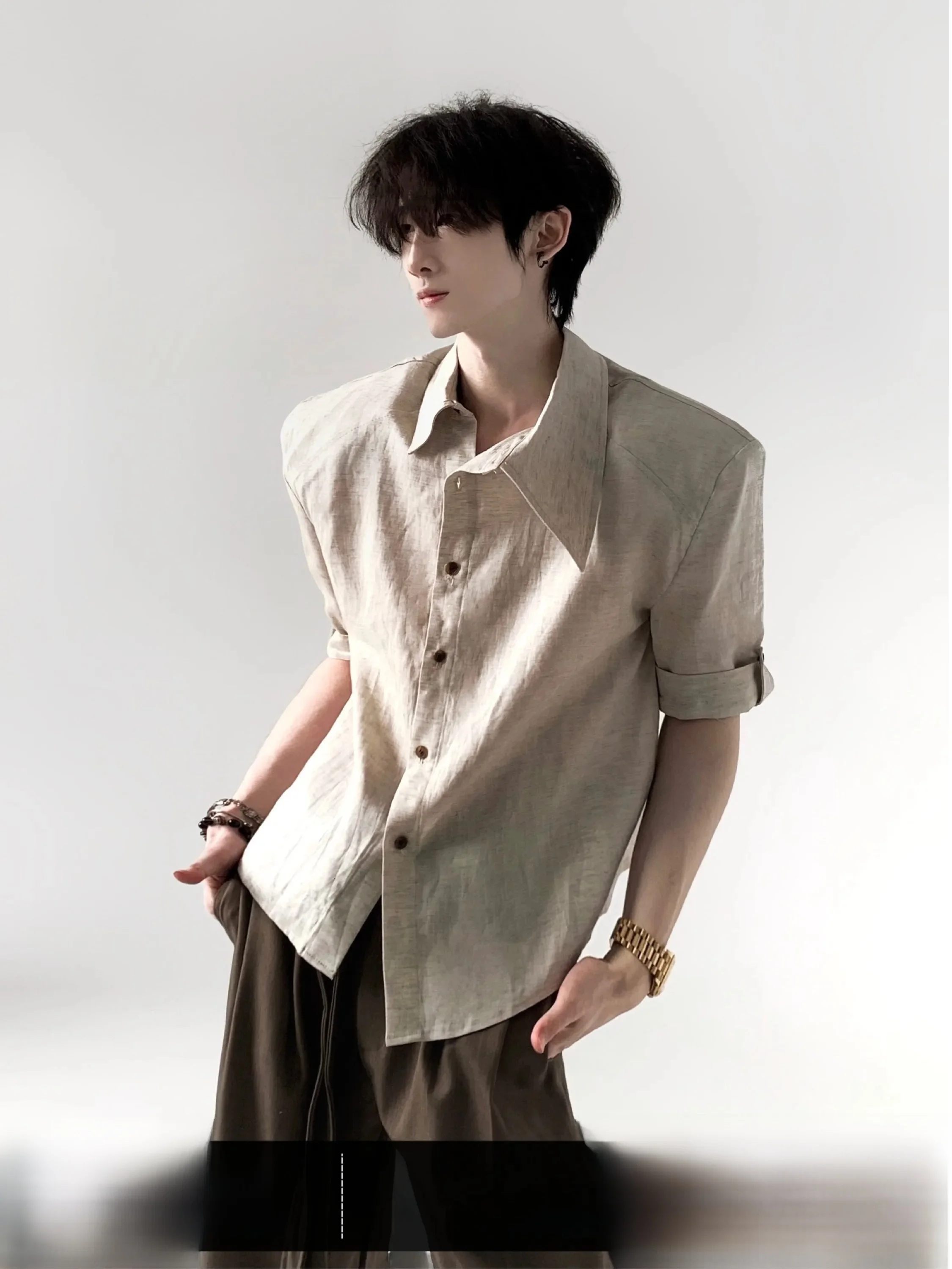 Asymmetrical Roll Sleeve Linen Shirt Men's High End Feel Slanted Collar T-Shirt Comfortable Breathable Anti-Wrinkle Chinese Made