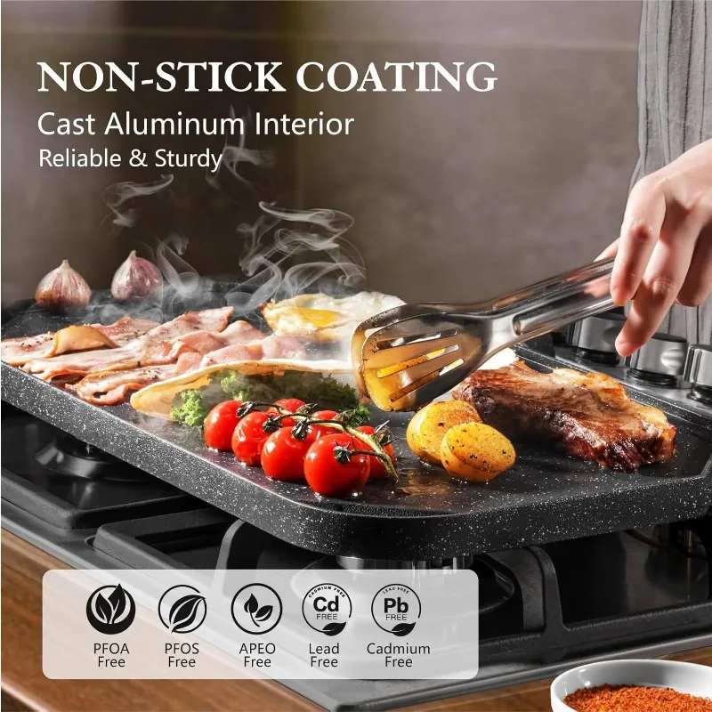 Nonstick Griddle Grill Pan, Pro-Grid Reversible Grill & Griddle Pan, Two Burner Cast Aluminum Griddle, Portable for Indoor