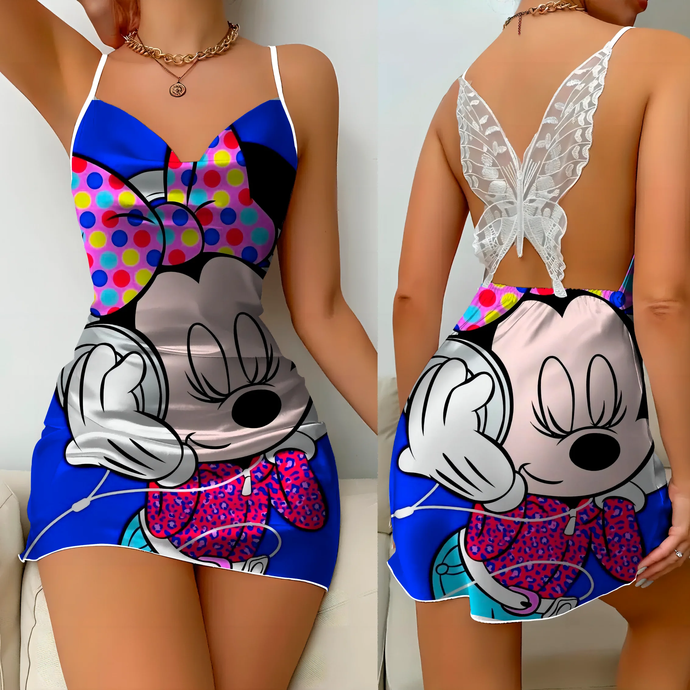 Sukienka bez pleców z kokardą Seksowne sukienki Mickey Disney Minnie Mouse Piżama Spódnica Satynowa powierzchnia Moda damska Lato 2024 Impreza Mini