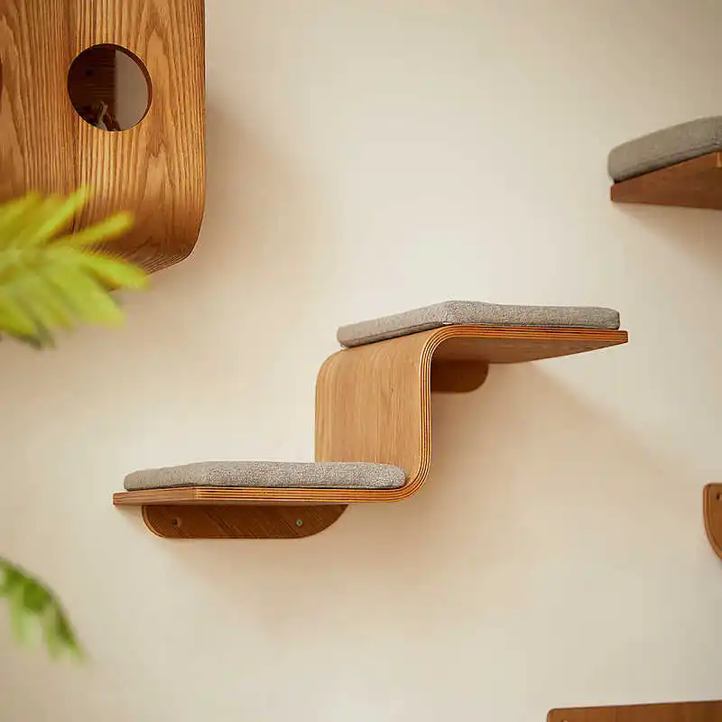 Modern Solid Wood Cat Tree Scratcher With 2 Steps Perch Wall Furniture All Seasons Cat Wall Scratching Post Cat House