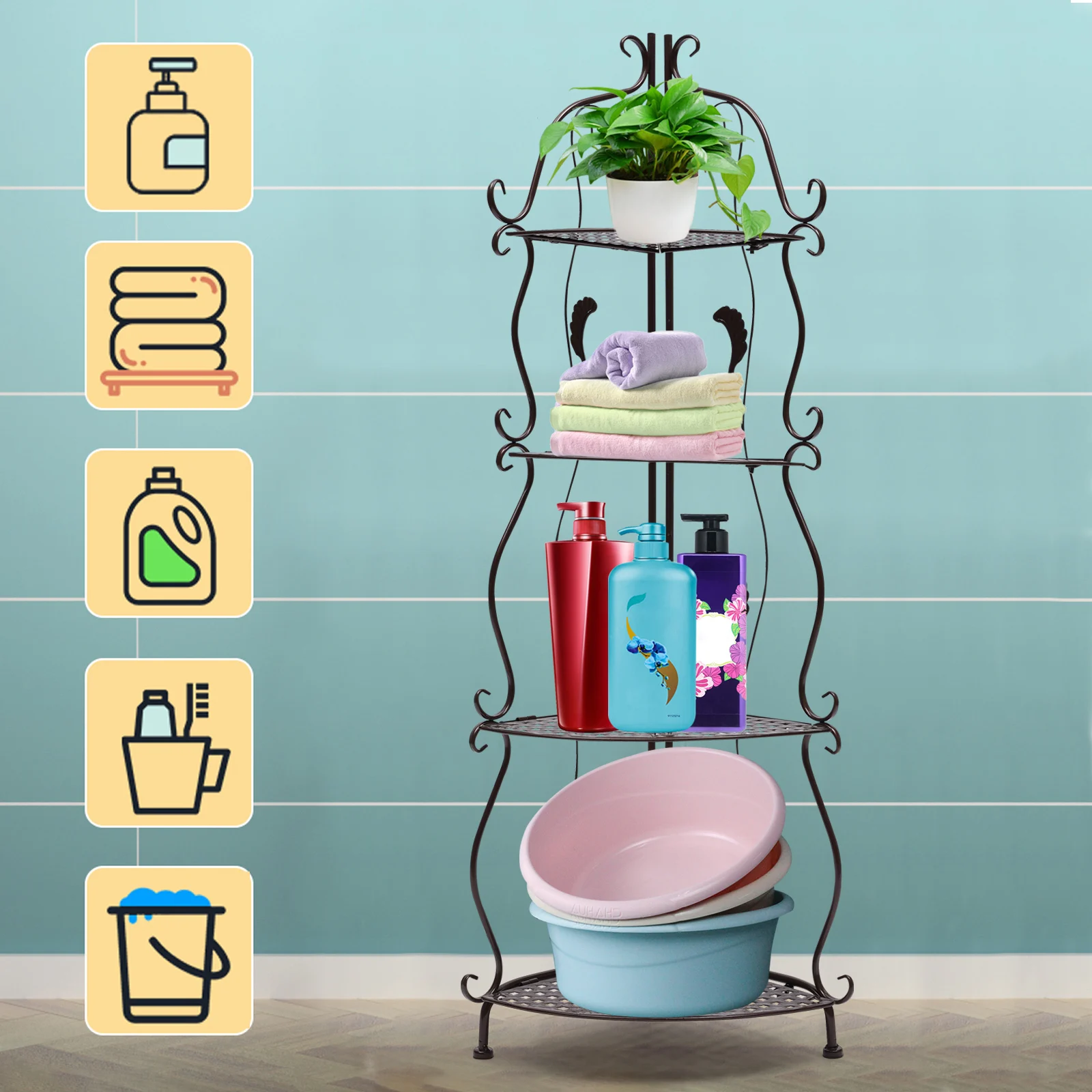 4 Tier Bronze Foldable Corner Shelf Floor Stand Storage Rack Organizer Retro Design  Folding Flower Stand New