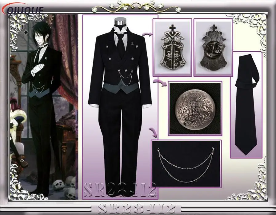 Black Butler Cosplay Japanischen Anime Kuroshitsuji Sebastian Michaelis Cosplay Kostüm Unisex Uniformen 8 stück mit Tattoo Aufkleber