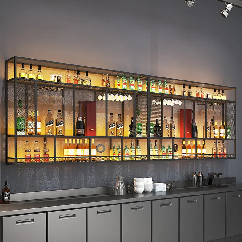 Bar rack Bar counter background  Wrought iron luminous decorative  Industrial style red wine glassWall display rac