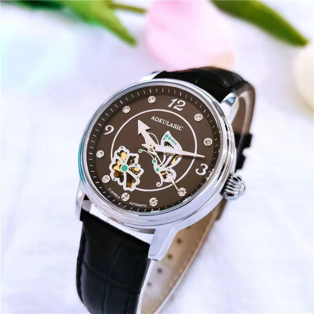 Elegant Women's Fully Automatic Skeleton Watch with Diamond Inlays
