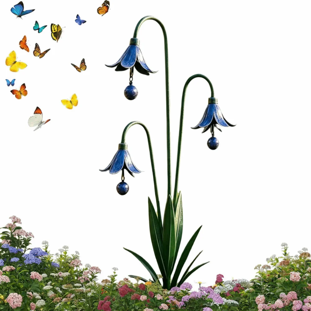Creative Metal Garden Stake Rustic Flower Shape Triple Bluebells Garden Stake Handmade Outdoor Yard Ornament for Home Decor