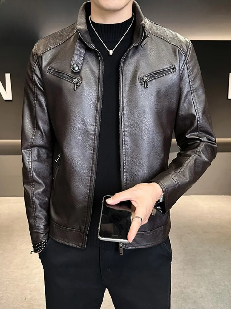 

Paul Men's Casual Leather Jacket Stand Collar Vintage American Style Spring Autumn Outerwear Fashion Urban Business Shirt