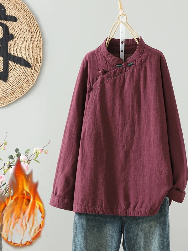 

Retro Chinese Sle Women's Cotton Jaet Stand Collar Button Sve Long Sve Thiened Winter Coat Versatile Color