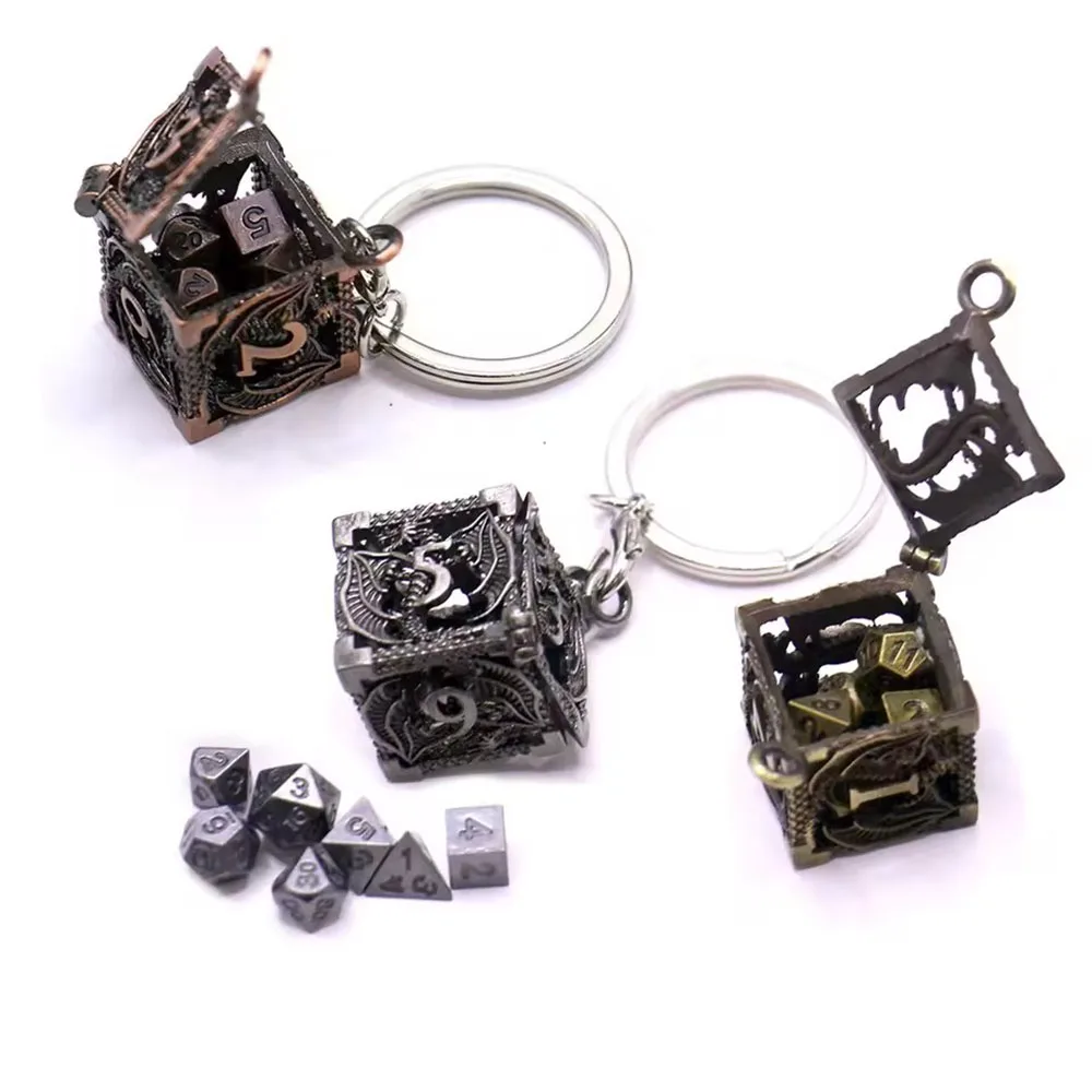 1Set Mini Metal DND Dice Set with Antique Iron Hollow D20/D6 Necklace Dice Case  Tiny Metal Dice Set D&D Keychain Portable