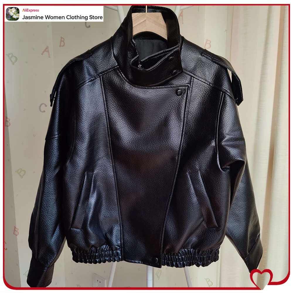 Women's Stylish Black Faux Leather Jacket with Shoulder Tabs and Side Pockets Vintage High Collar Long Sleeves Jacket with Cuffs