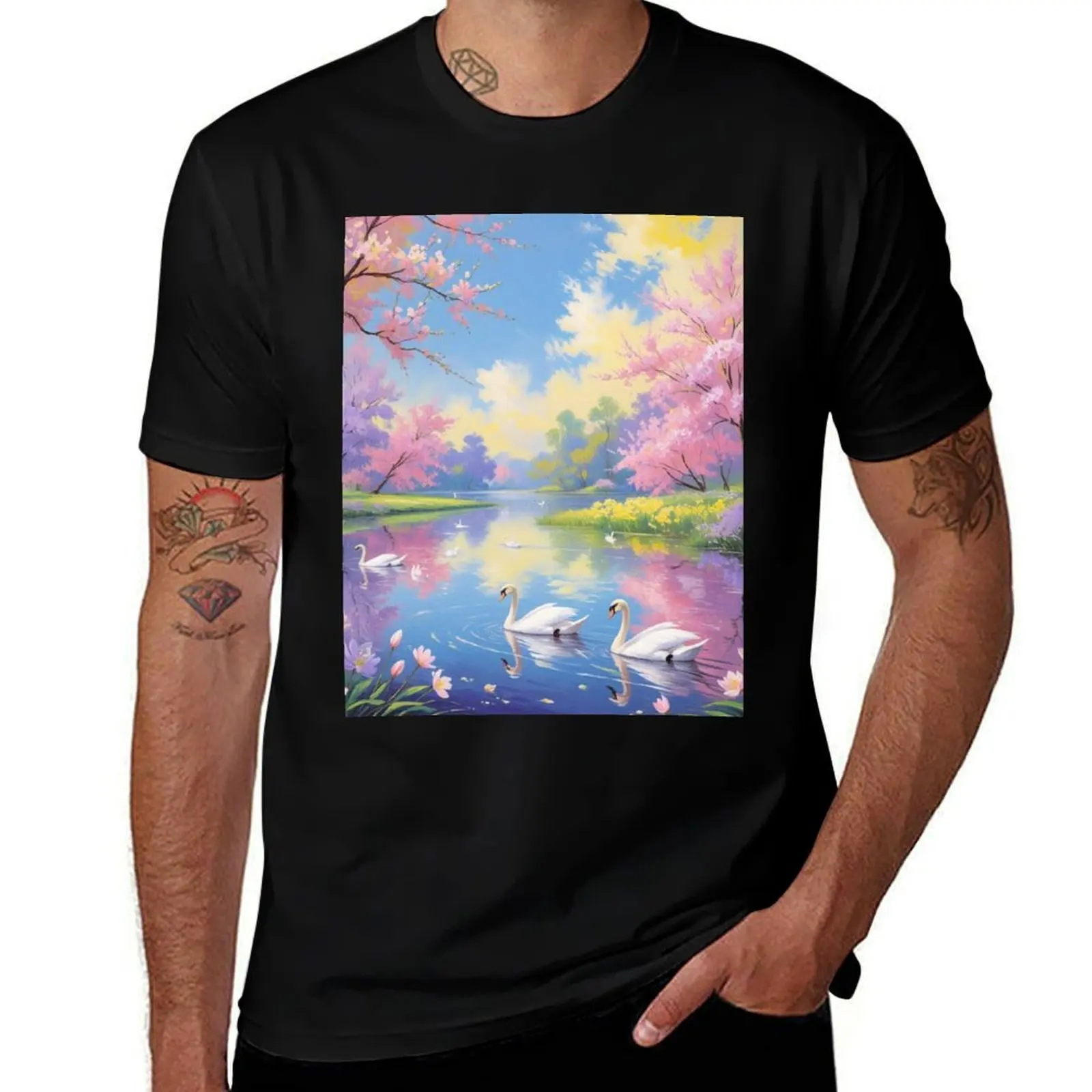 

Pastel Landscape - Park, Swans, Lake T-Shirt shirts graphic summer tops quick drying customizeds Men's cotton t-shirt
