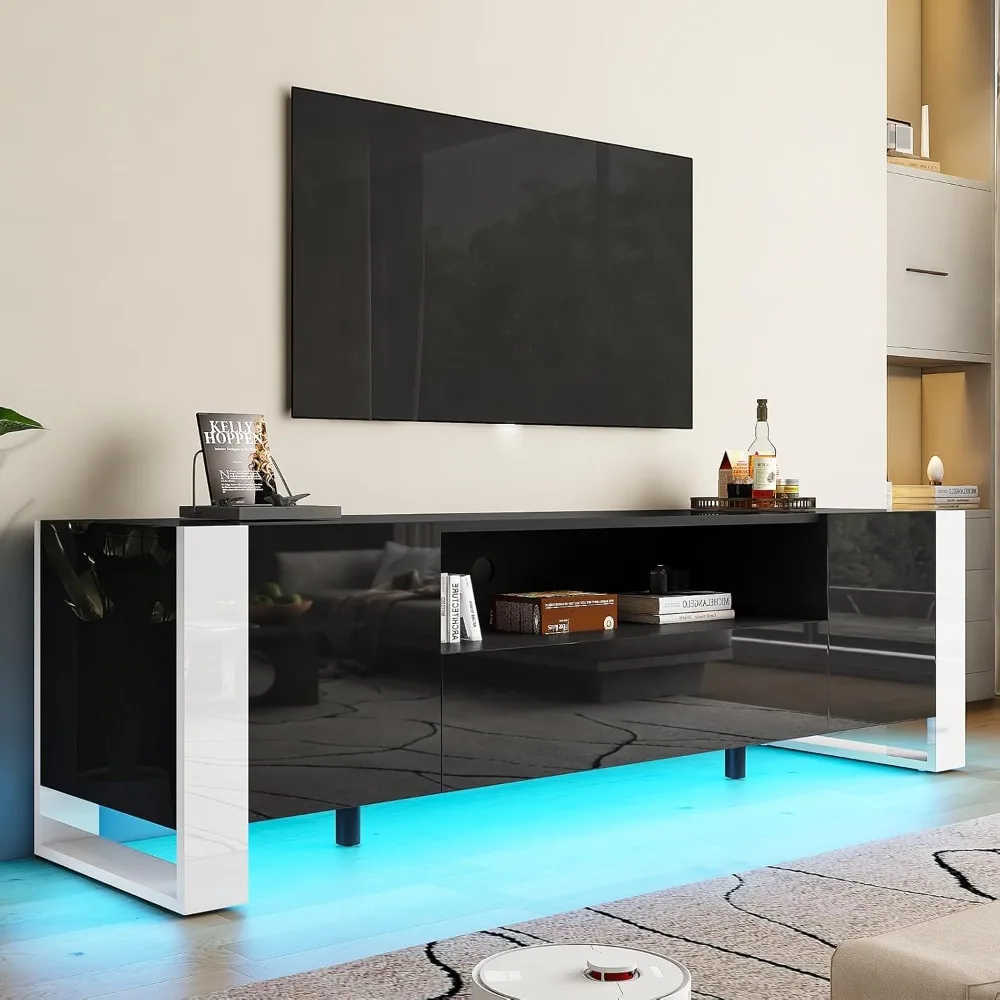 Meja TV AMERLIFE 70 inci dengan Lampu LED, Konsol TV Modern dengan Finishing High Gloss dan 2 Laci Penyimpanan untuk