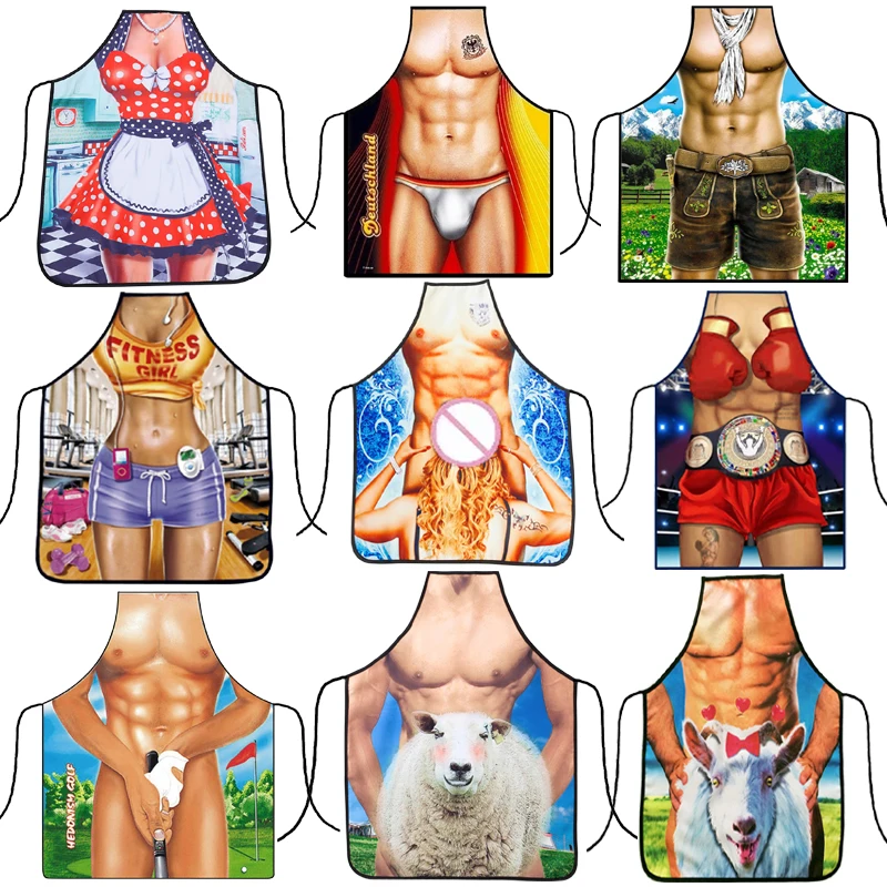 Funny Kitchen Aprons 3D Digital Printed Sexy Women Baking Pinafore Cooking Party Muscle Naked Men Bikini Adult BIB