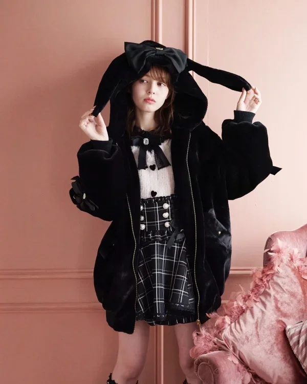

Japanese Autumn and Winter New Mass-produced Plush Rabbit Ear Hat Hooded Zipper Jacket Sweet Kawaii Loose Lolita Women's Parka