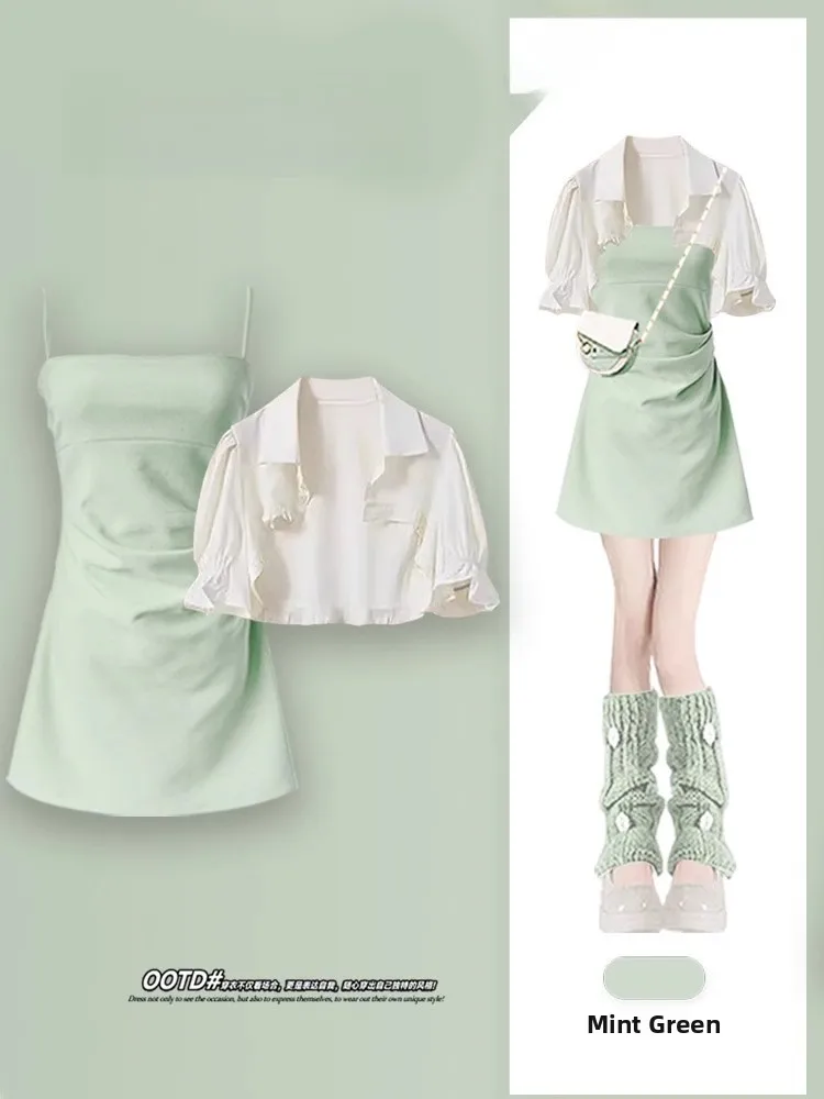 Summer Small Fraance Sle Set ort irt Women's Dr Slimming Strap Dr Two-Piece Set Pure Desire Faionable