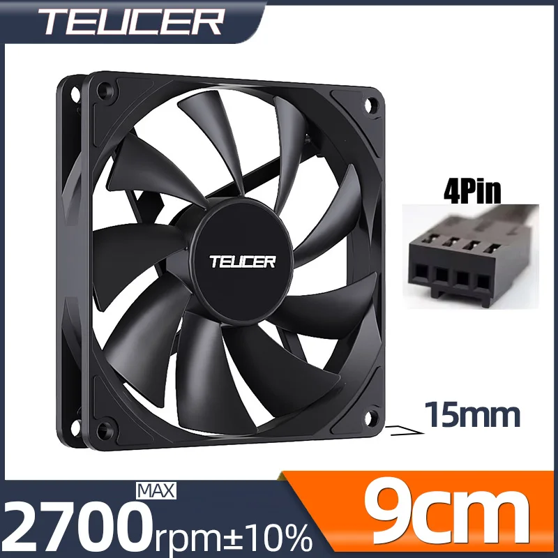 Teucer UT-9015 초박형 섀시 선풍기, PC 케이스 냉각 환풍기, 9cm, 두께 15mm, 12V, 4 핀 PWM 유압 베어링, 1000-2700rpm