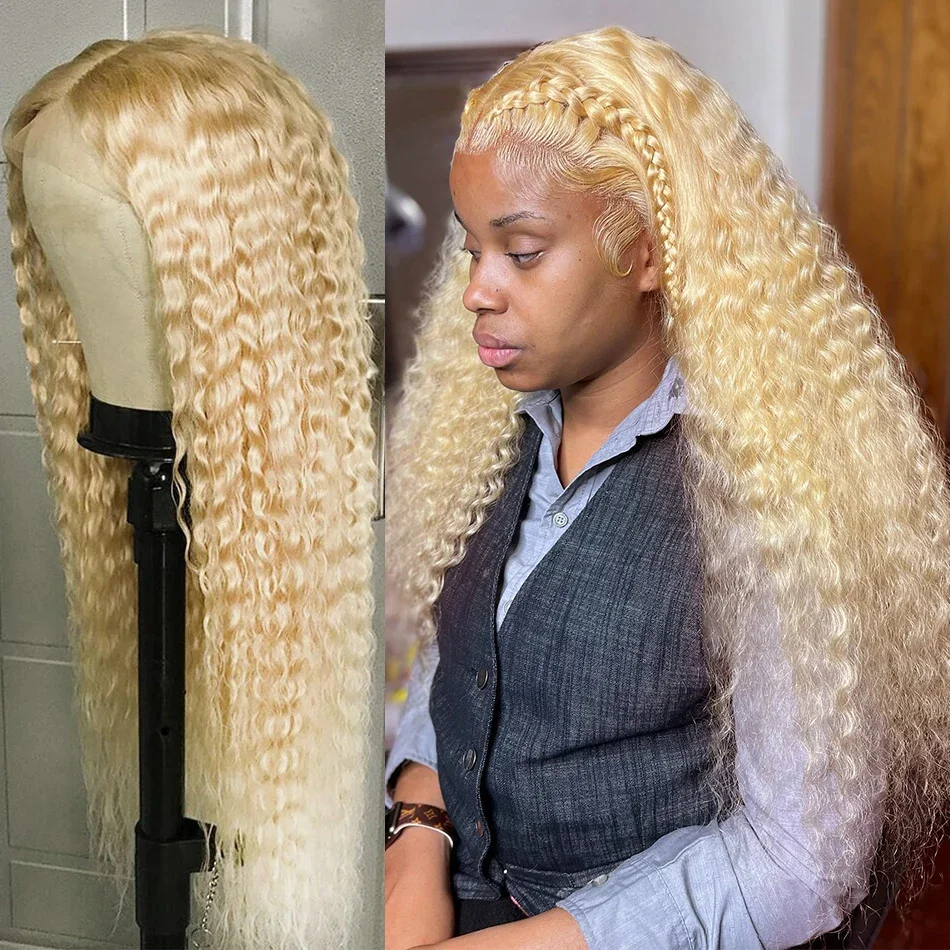 

613 Honey Blonde Deep Wave HD Lace Frontal Wig Brazilian Pre Plucked Curly 13x4 Blonde Transparent Lace Front Human Hair Wig