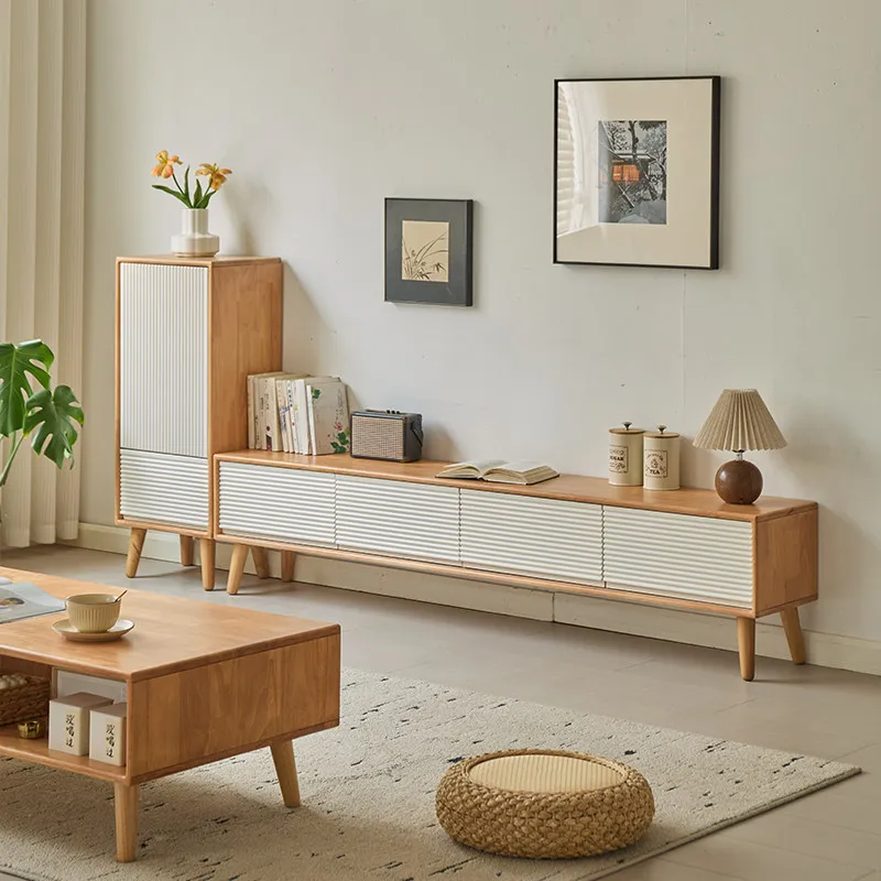 Solid wood TV cabinet floor-to-ceiling living room household 2026 new fully equipped small apartment white log wind TV cabinet