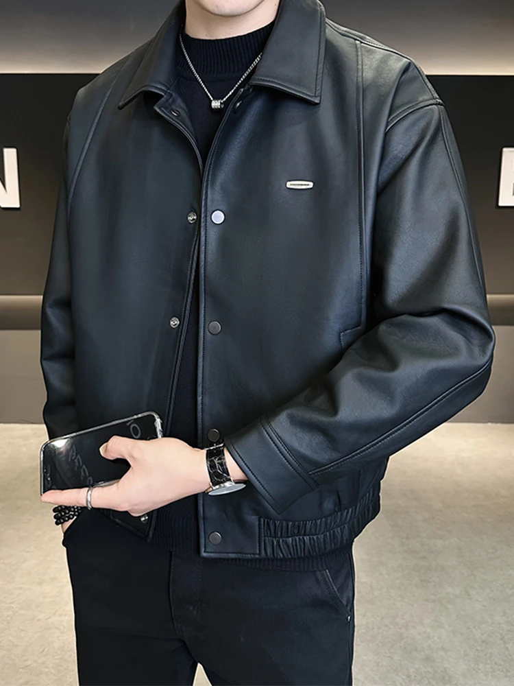 

Faionable Casual Leather Jaet Men's Autumn Winter New Sle Trendy Brand High-End Feel Stand Collar Motorcycle Clothes Le...