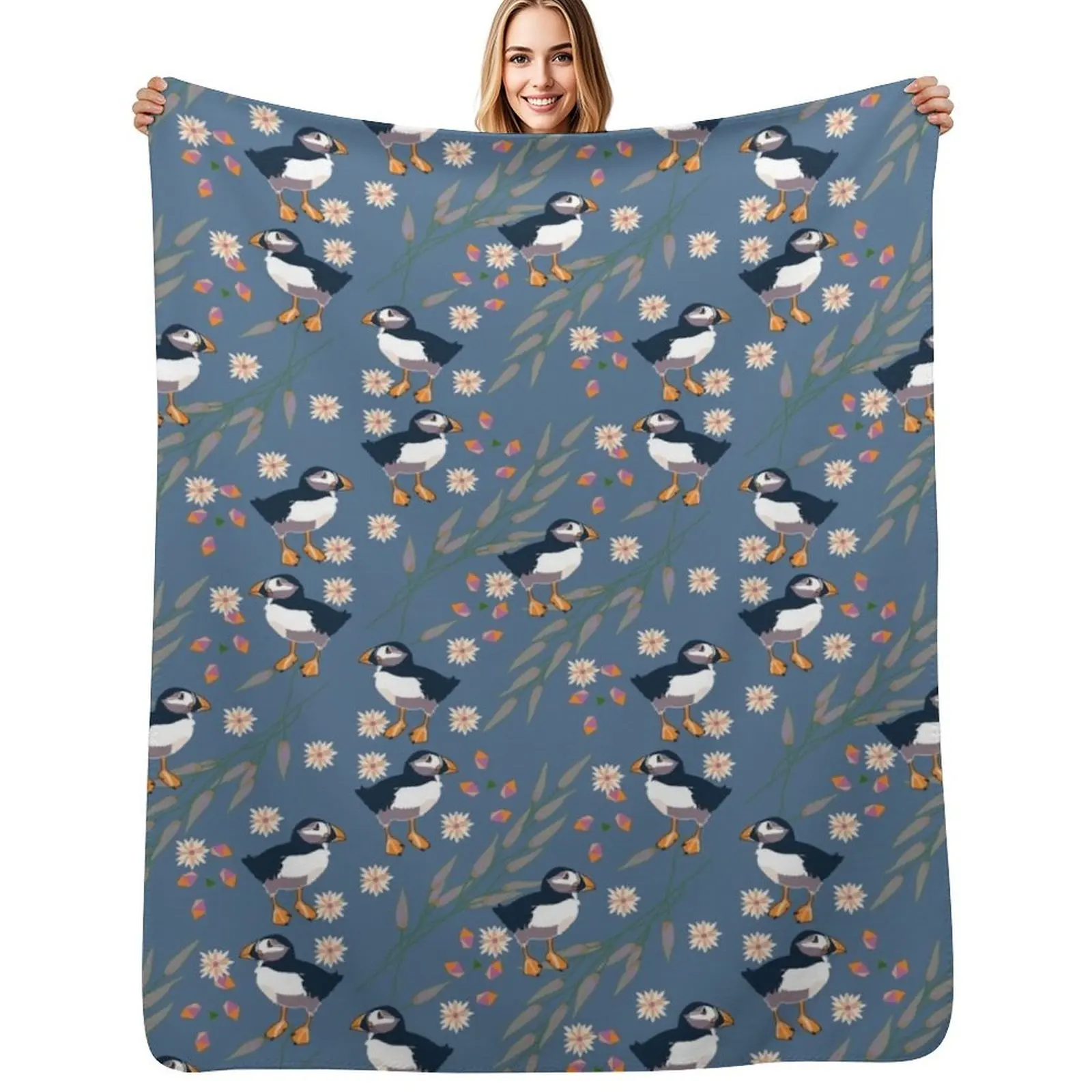 Exotic Animals Collection - Puffins on Blue Throw Blanket Giant Sofa Sofa Flannels Thin Single Custom Blankets