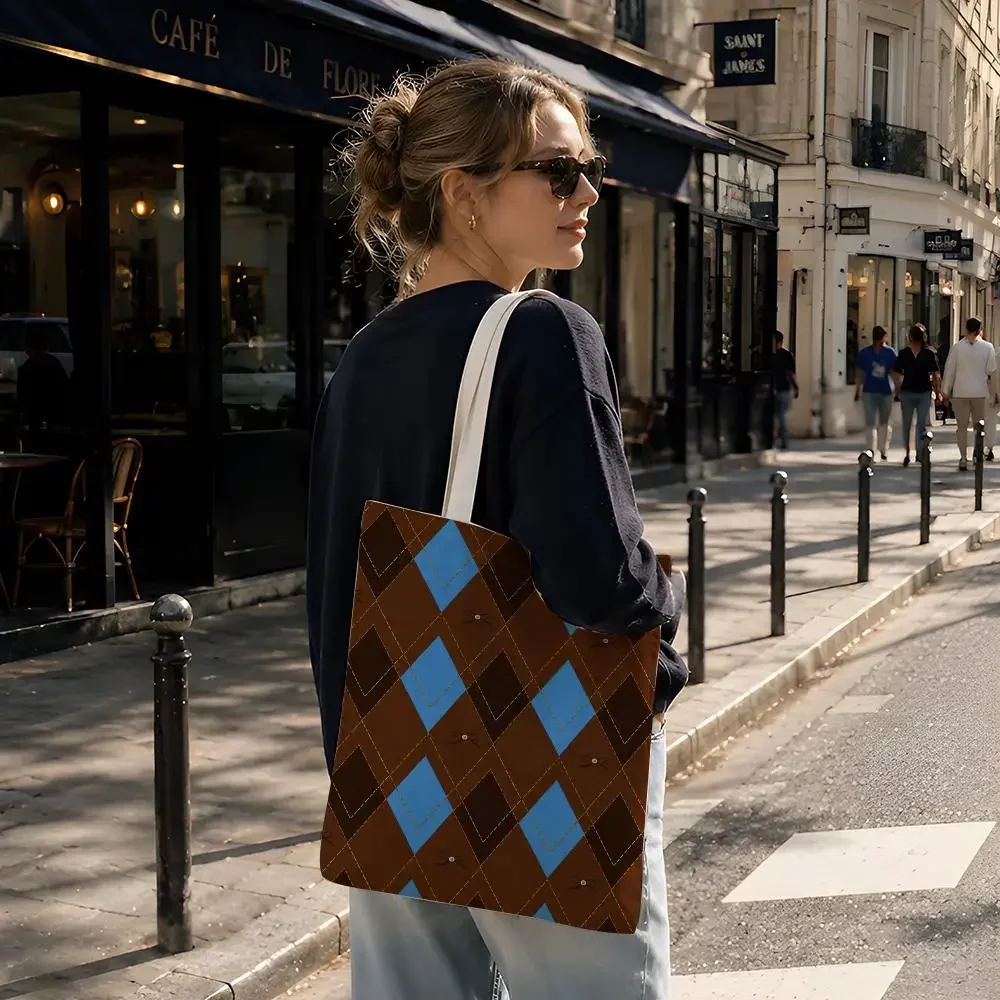 Pattern Vintage Blue Brown Bow Patchwork Storage Bags Reusable Canvas Tote Suitable for School Class Commuting Shopping as Gifts