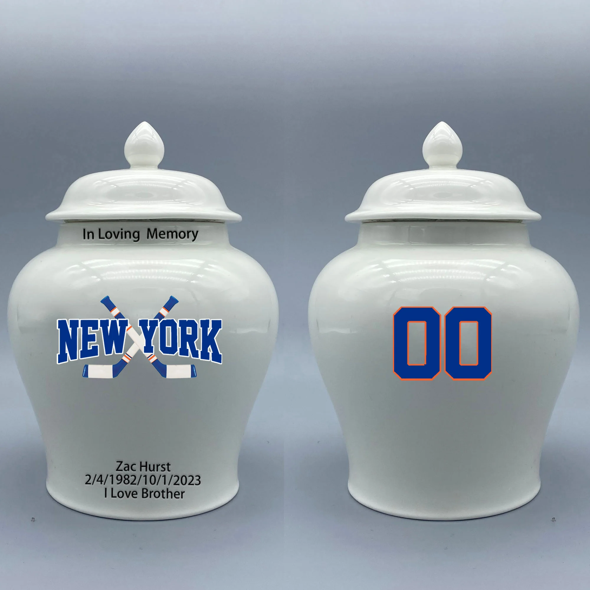 

Medium Urn for New York Islanders-themed Hockey Urn.Please send me the customize information-name/date and number on the urn