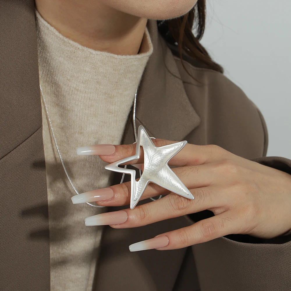 ALLYES Fashion Silver Color Hollow Star Pendant Necklace for Women Punk Korean Long Snake Chain Necklaces Collars Charm Jewelry