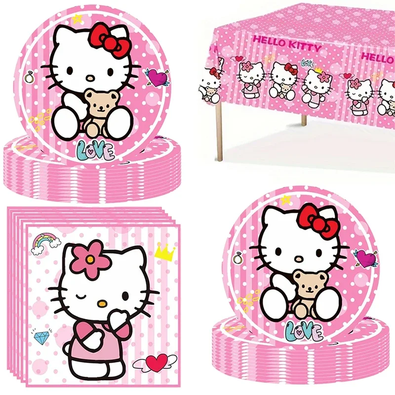 Juego de vajilla temática Sanrio Hello Kitty, plato desechable, servilletas, mantel, decoraciones para fiesta de cumpleaños y Navidad para niña