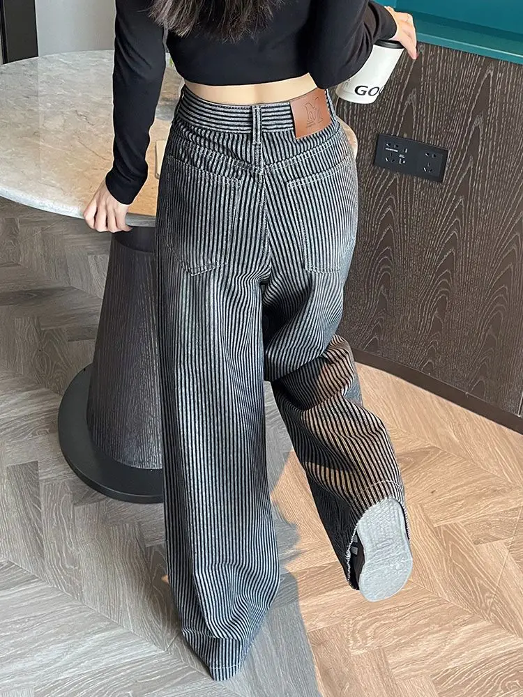 Pantaloni lunghi a tubo dritto a gamba larga larghi a righe primavera autunno grigio nero