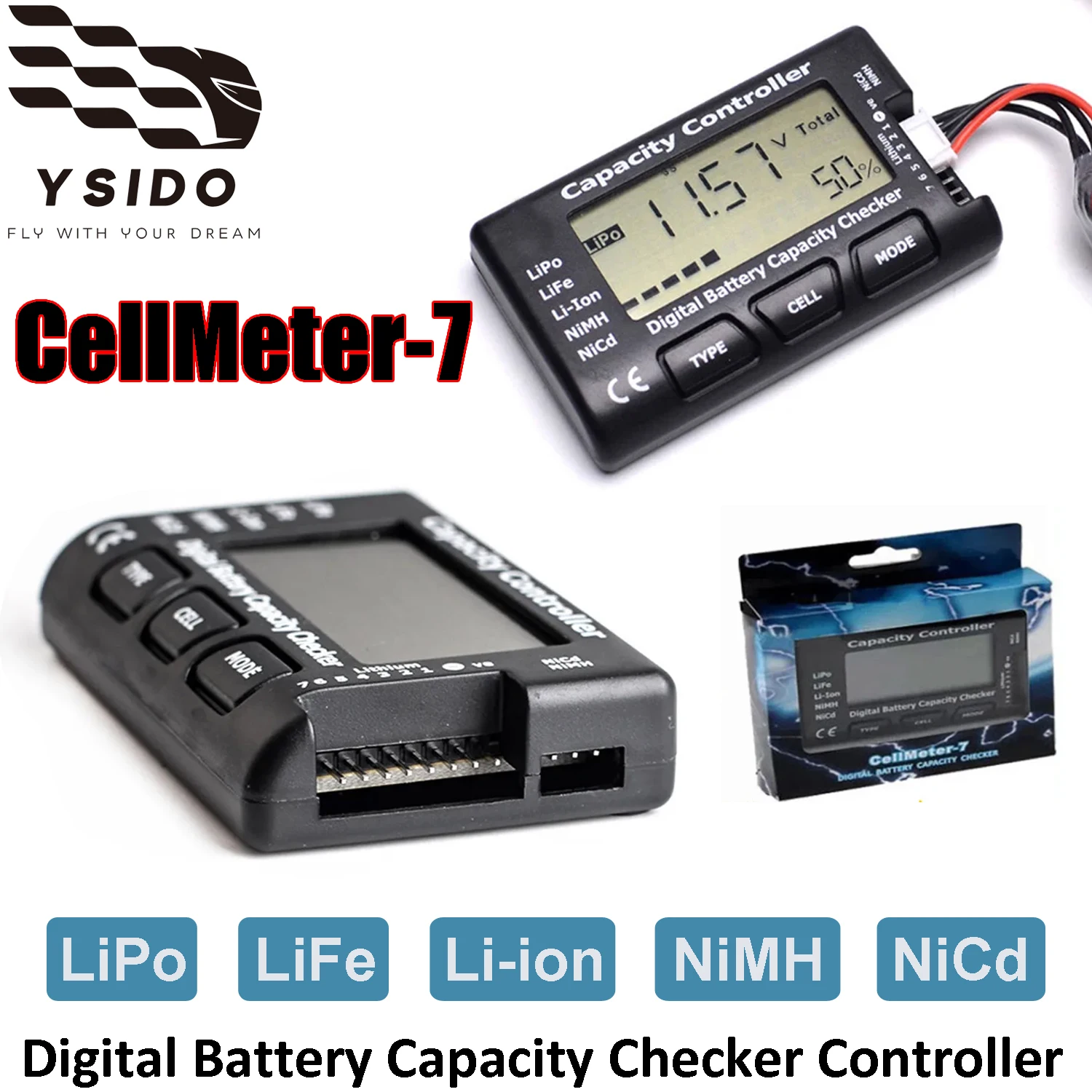 YSIDO CellMeter-7, Probador de Baterías LiPo, Verificador Digital de Voltaje de Celdas, Medidor de Baterías LiPo/LiFe/Li-ion/NiMH/NiCd RC