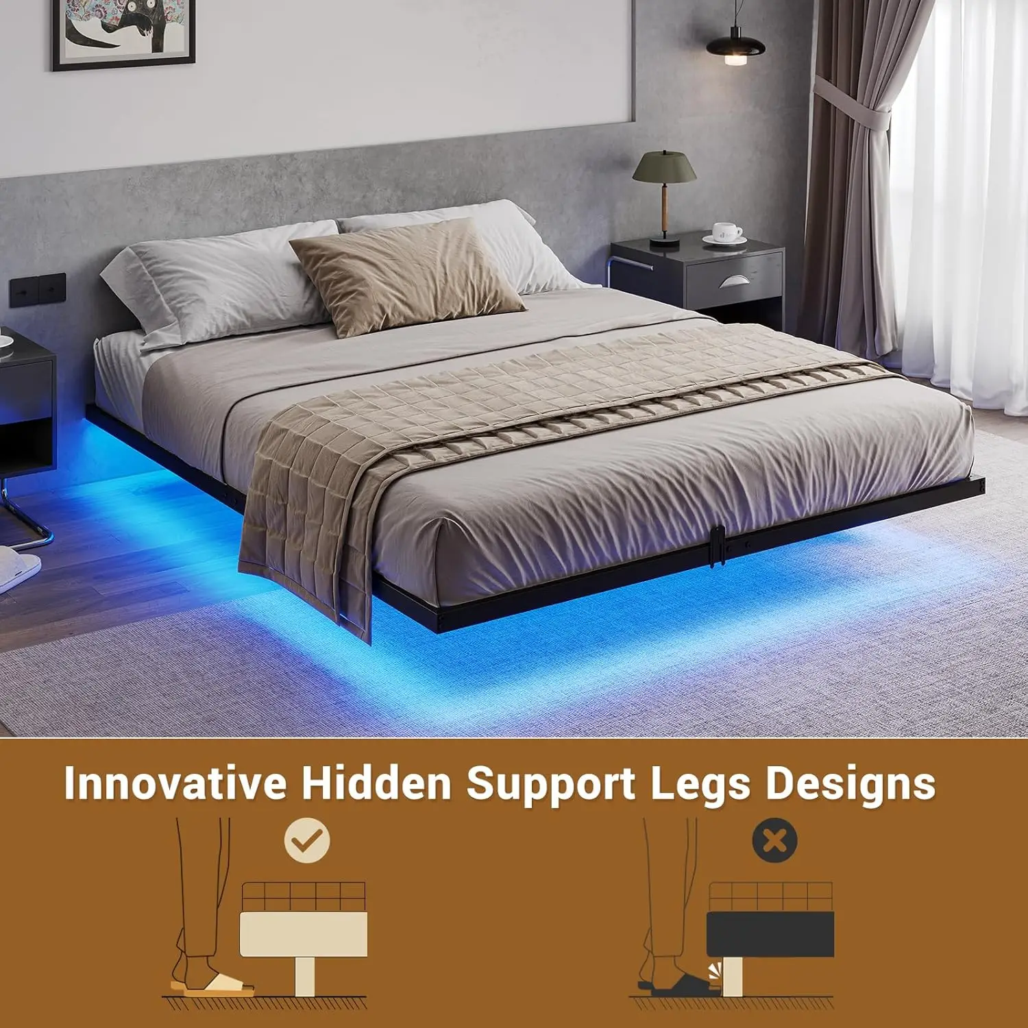 Floating Bed Frame Size with LED Lights, Metal Platform Queen Bed, No Box Spring Needed, Easy to Assemble (Queen)