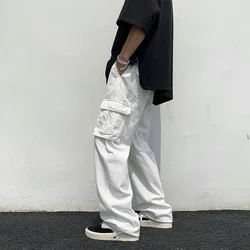 Cargo Pants for Men Wide Summer Trousers Man White Straight Street Big Size Nylon Cotton Regular Fit Harajuku Slacks Large Baggy