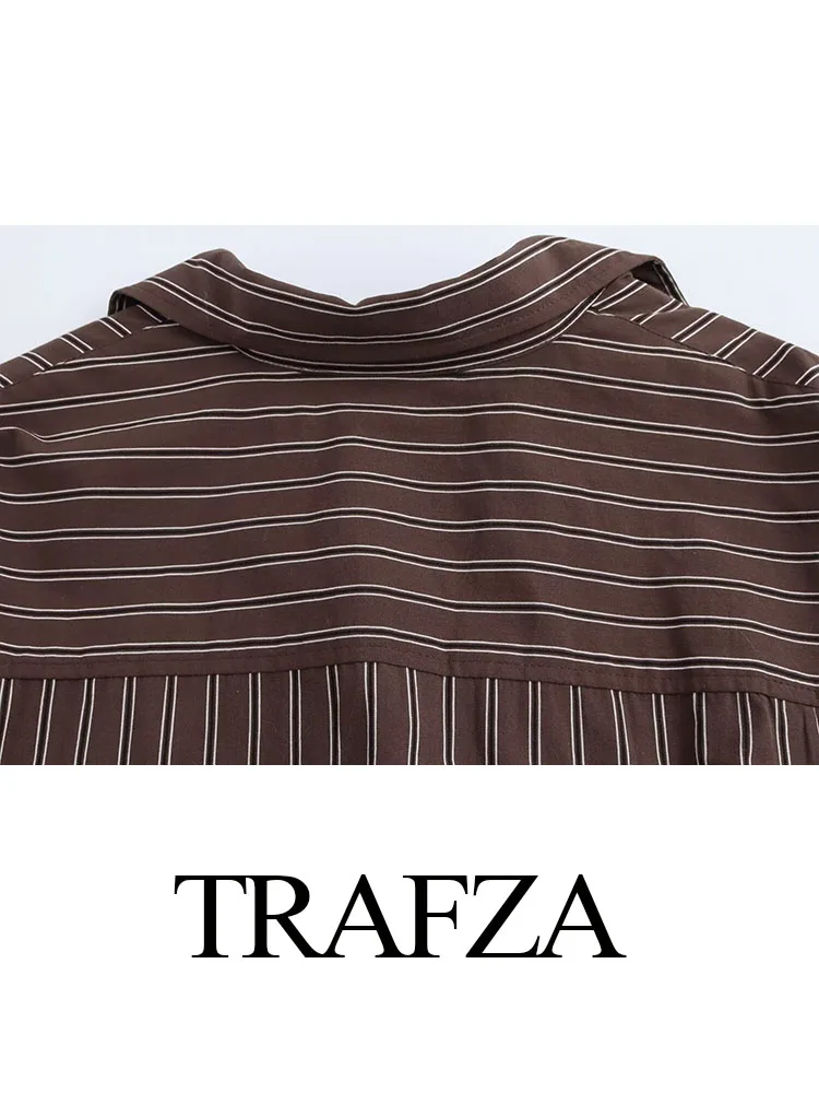 TRAFZA, blusas de otoño para mujer, camisas de calle femeninas de un solo pecho con botones de manga larga y cuello vuelto a rayas lisas a la moda