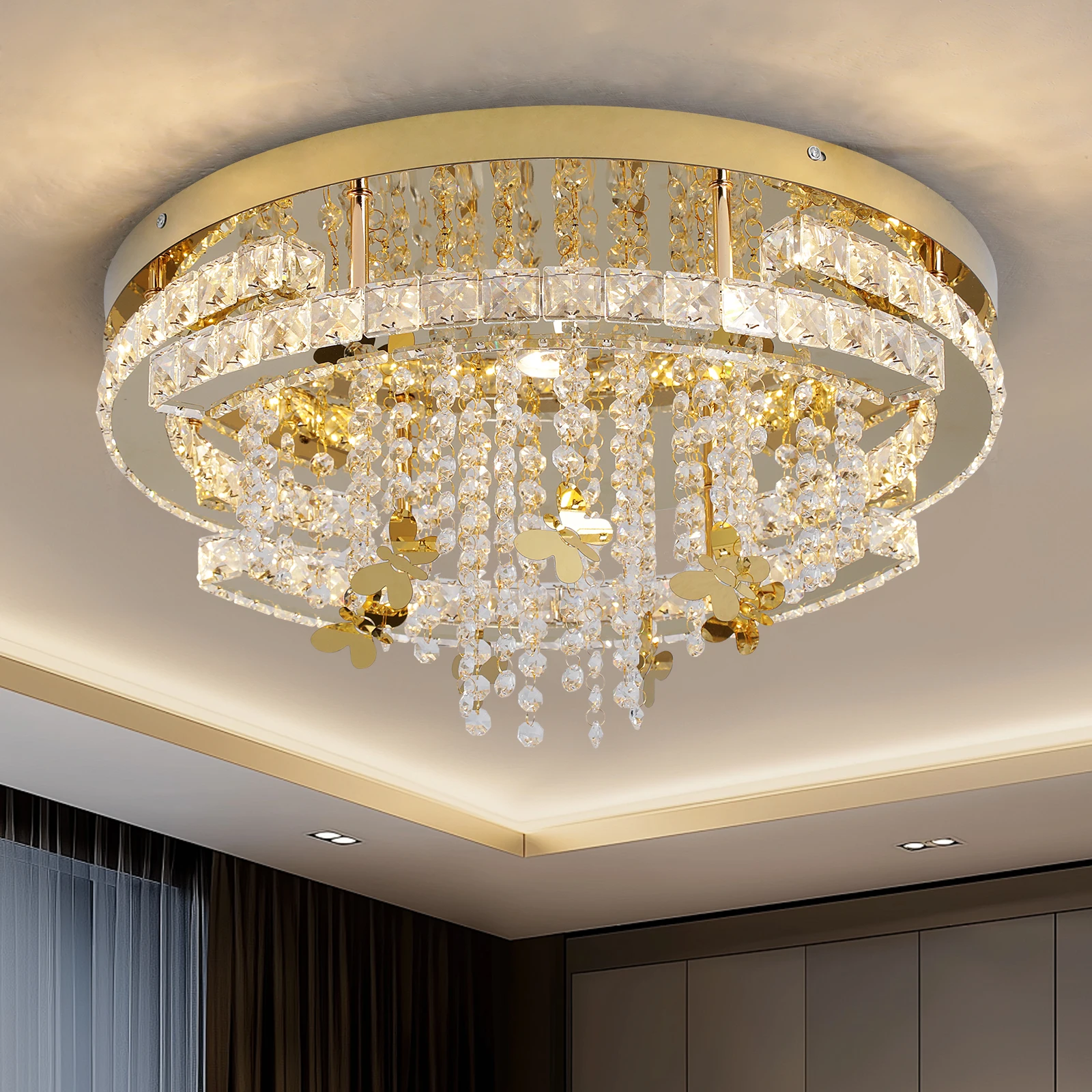LED Ceiling Light Golden Crystal Chandelier Modern Luxury Crystal Glass Pendant Lighting for Living Room Bedroom Hallway