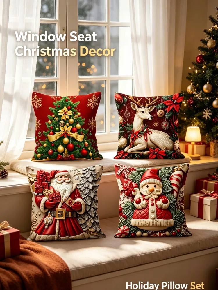 VIKAMA **New Arrival Christmas Pillow Covers Set , Santa Claus Reindeer Tree Decorative Cushion Cases, Holiday Pillowcases f