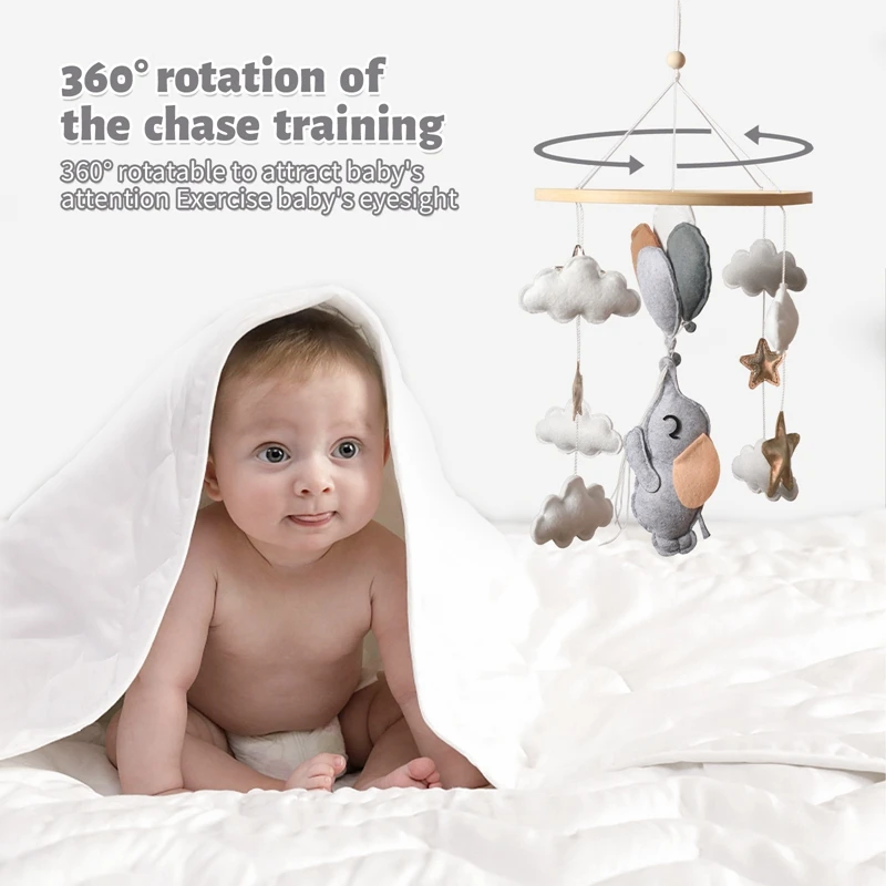 Wooden Crib Mobile Baby Rattles Toys Soft Felt Cartoon Grey Bear Cloudy Star Moon Hanging Bed Bell Mobile Crib Bracket Baby Gift