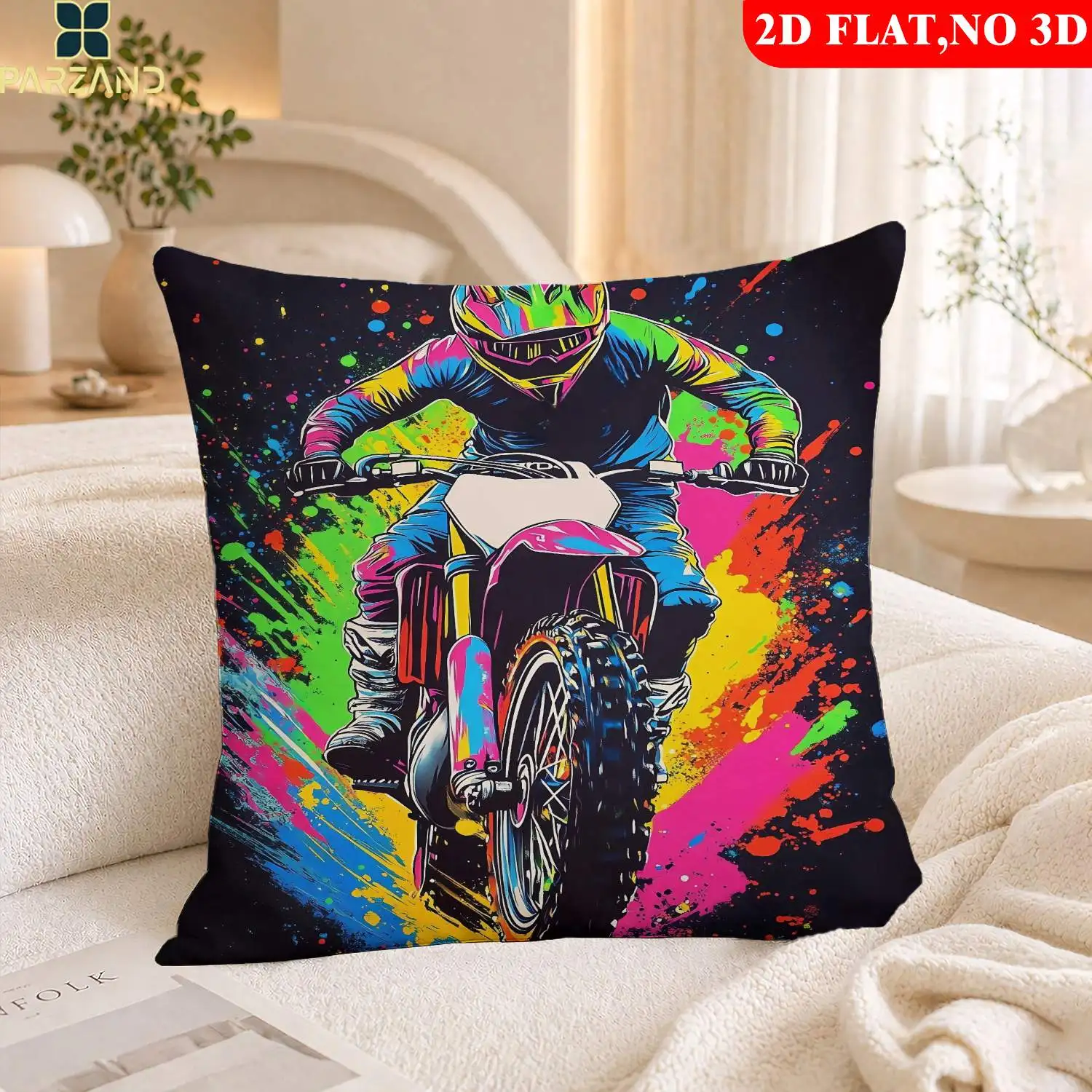 1pc 2D Flat Pillow Not Included Motocross Rider Splatter Paint Art Cushion Cover Plush Extreme Sports Fan Gift Case